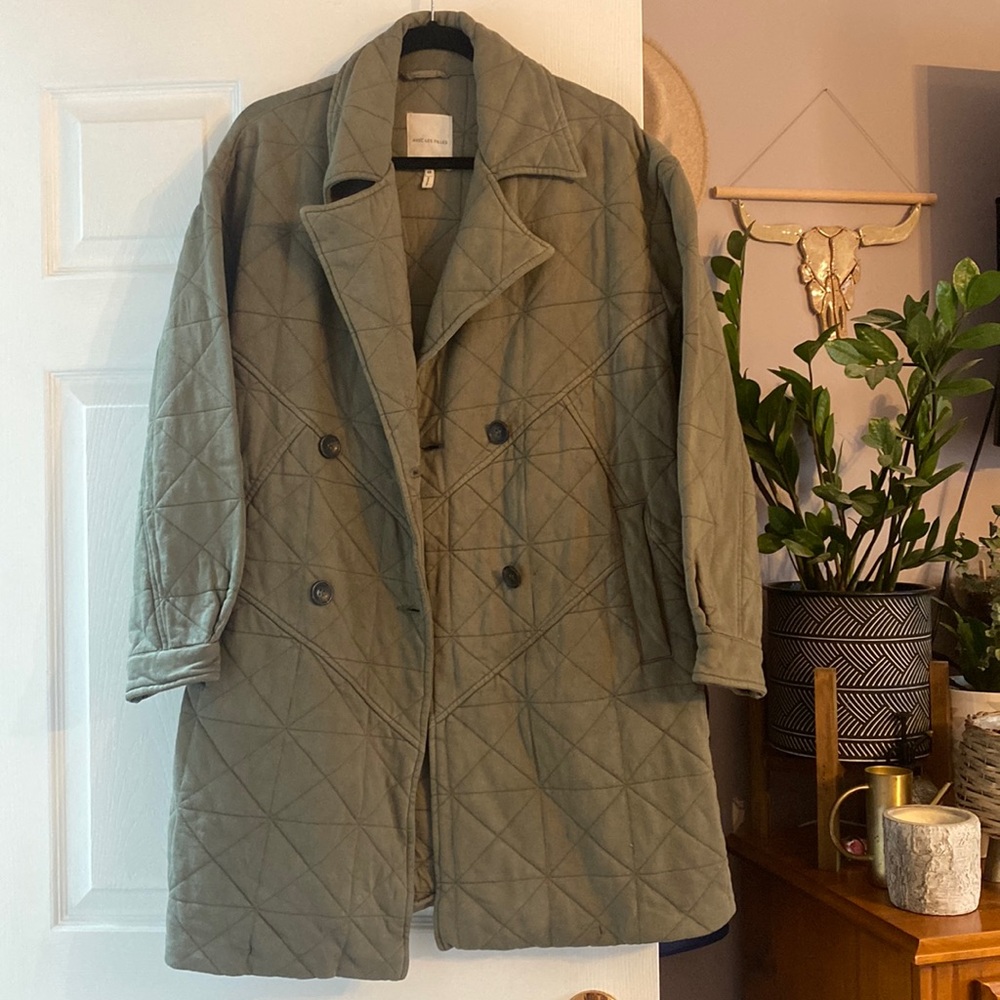 Avec Les Filles Quilted Olive Green Double-Breasted Field Coat